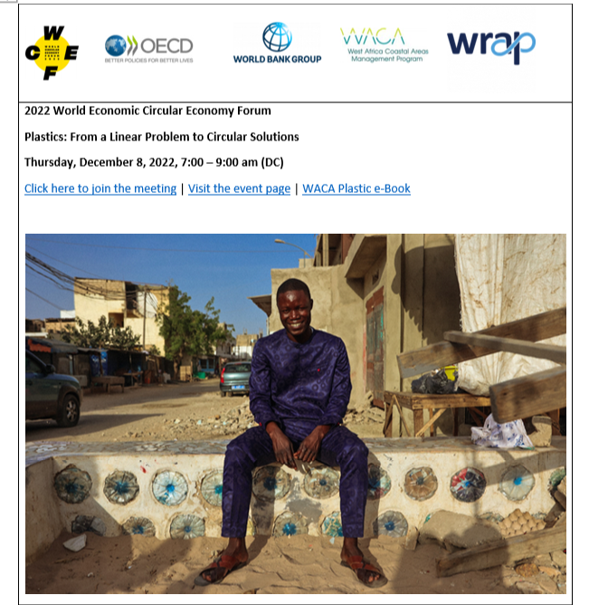Photo: Mayor of Thiaroye, Senegal, Me Ndiaye, sitting on a bench made of recycled plastic bottles, Mel D. Cole for World Bank/WACA